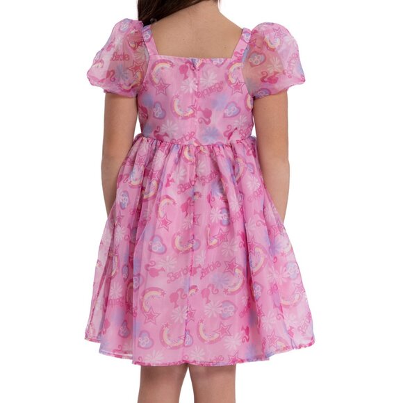 Barbie Girls Dress Rainbow Pattern Printed Puff Short Sleeve Pink Pullover Style - Picture 7 of 8